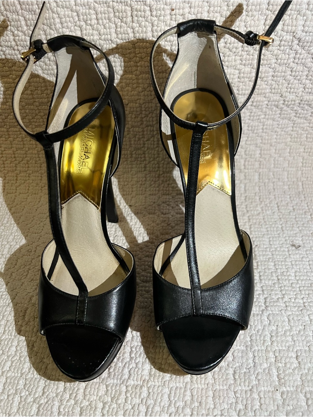 Michael Kors Black T-Strap Open-Toe Leather High Heel Sandals